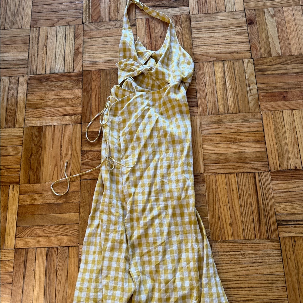 Reformation Yellow Gingham Halter Tie Front Dress